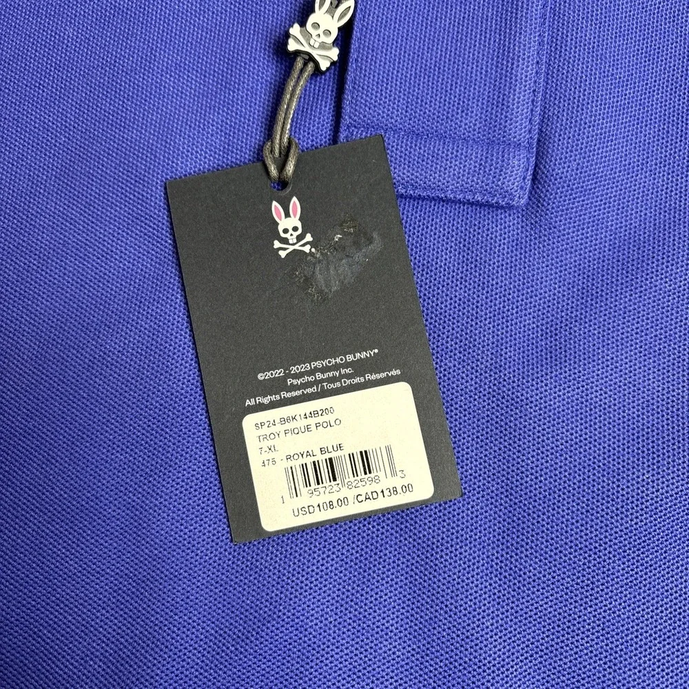 Psycho Bunny Men's Troy Logo‎ Pique Short Sleeve Polo Shirt Blue NWT Size 7